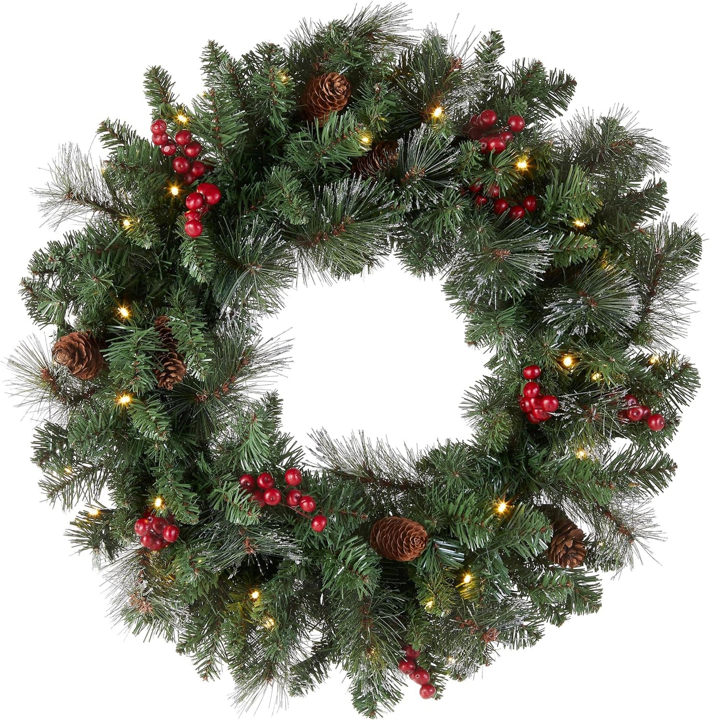 Pre-Lit Artificial Christmas Wreath, Green, Crestwood Spruce, White Lights, Decorated with Pine Cones, Berry Clusters, Frosted Branches, Christmas Collection, 36 Inches