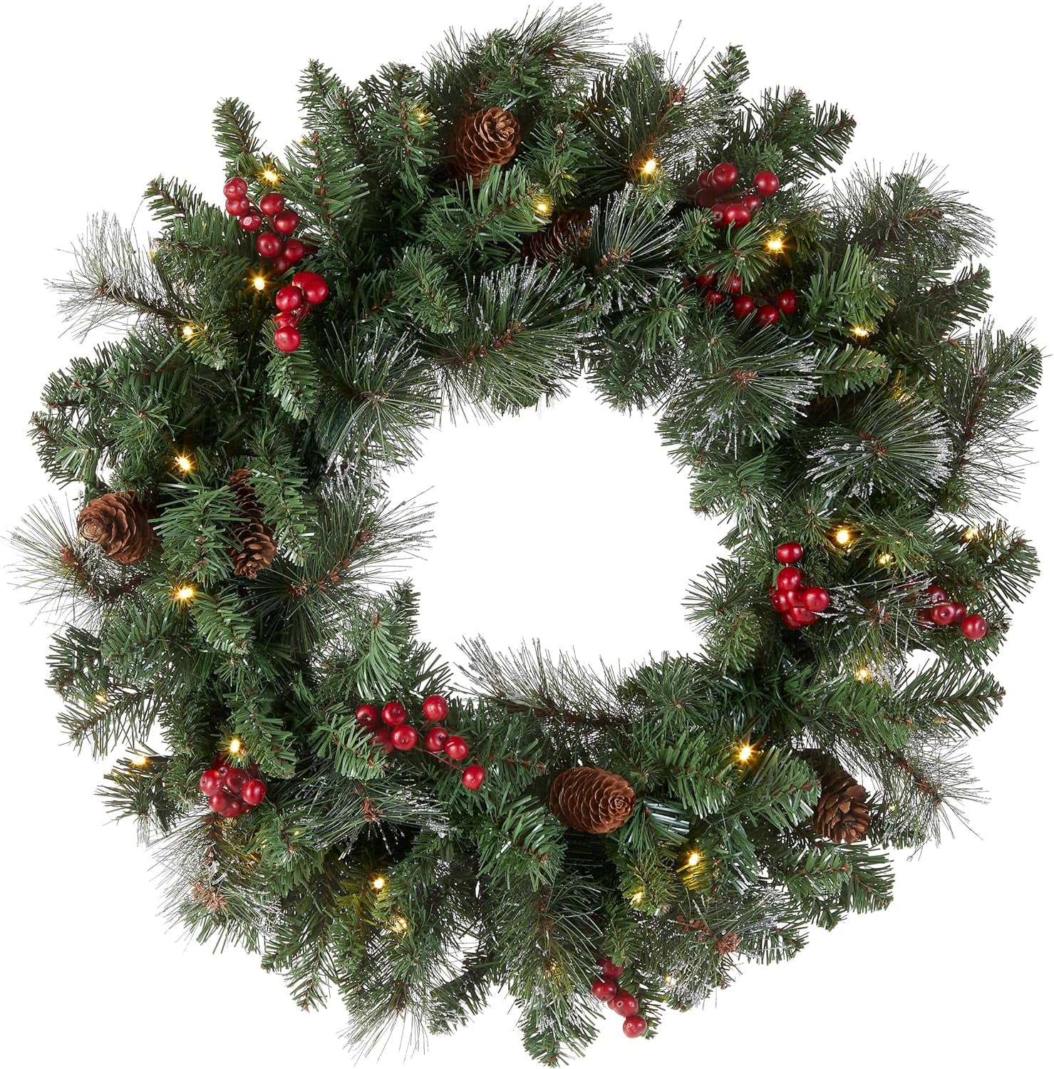 Pre-Lit Artificial Christmas Wreath, Green, Carolina Pine, White Lights, Decorated with Pine Cones and Glitter, Berry Clusters, Christmas Collection, 30 Inches