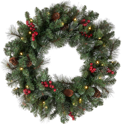 Pre-Lit Artificial Christmas Wreath, Green, Crestwood Spruce, White Lights, Decorated with Pine Cones, Berry Clusters, Christmas Collection, 24 Inches