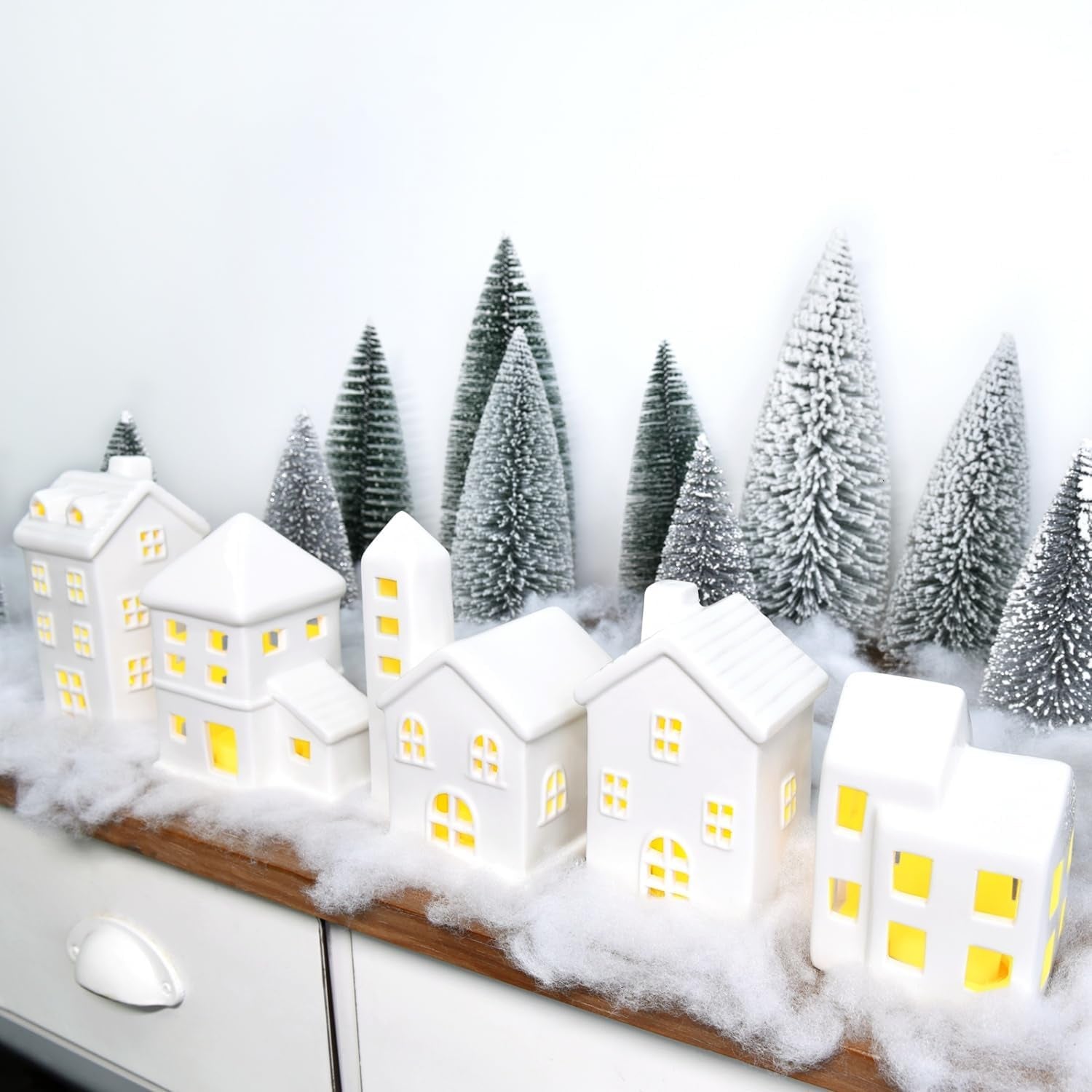 Ceramic Christmas Village Houses 5 Pcs White Christmas Houses & 9 Pcs Christmas Trees & Fake Snow Farmhouse Christmas Decorations Indoor for Home Table Mantle Fireplace