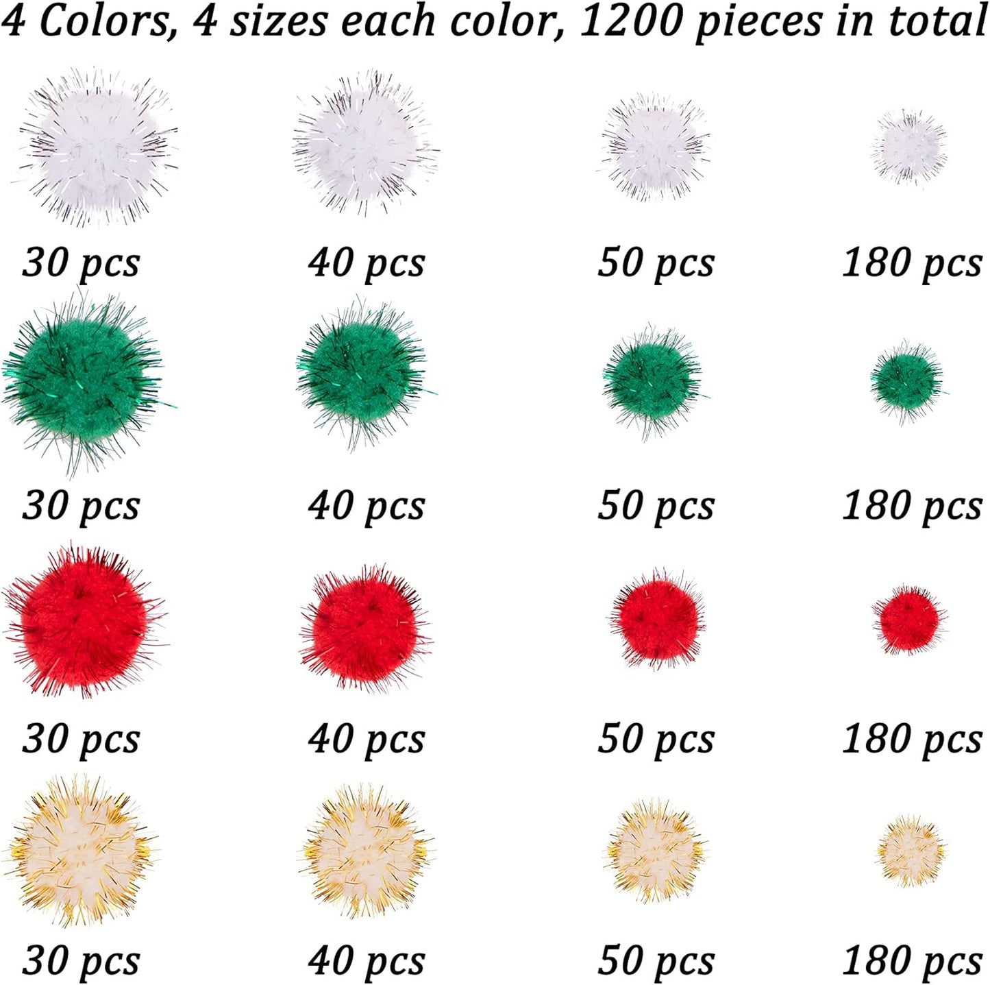 1200 Pieces Christmas Pom Pom Tinsel Pom Pom Balls Glitter Fluffy Pom Pom for Craft Making and Christmas Decorations (4 Sizes, Gold, White, Green, Red)