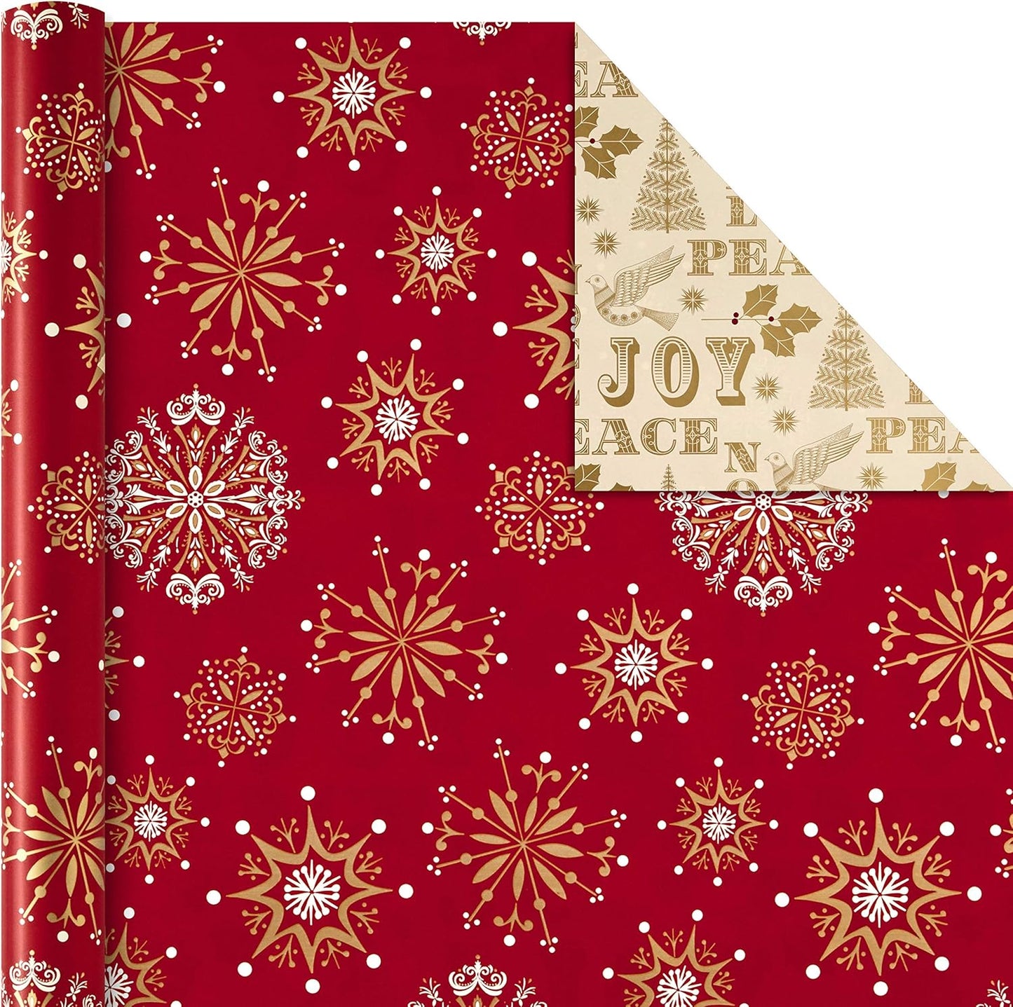 Reversible Christmas Wrapping Paper Set with Ribbon and Gift Tag Stickers (Traditional Red and Gold, 3 Rolls of Wrapping Paper and Ribbon)