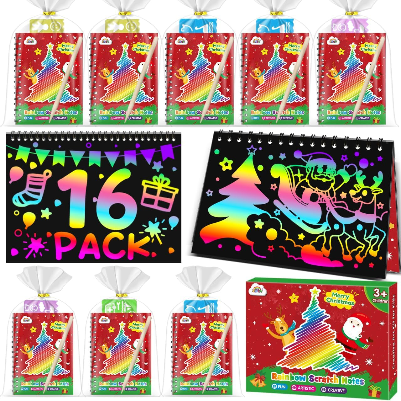 Scratch Art Party Favors: 16 Pack Rainbow Scratch Paper Art Craft Notebooks for Kids Age 3-12 Classroom Prize Art Party Supplies Birthday Goodie Bag Stuffers Easter Christmas Gift for Girls Boys