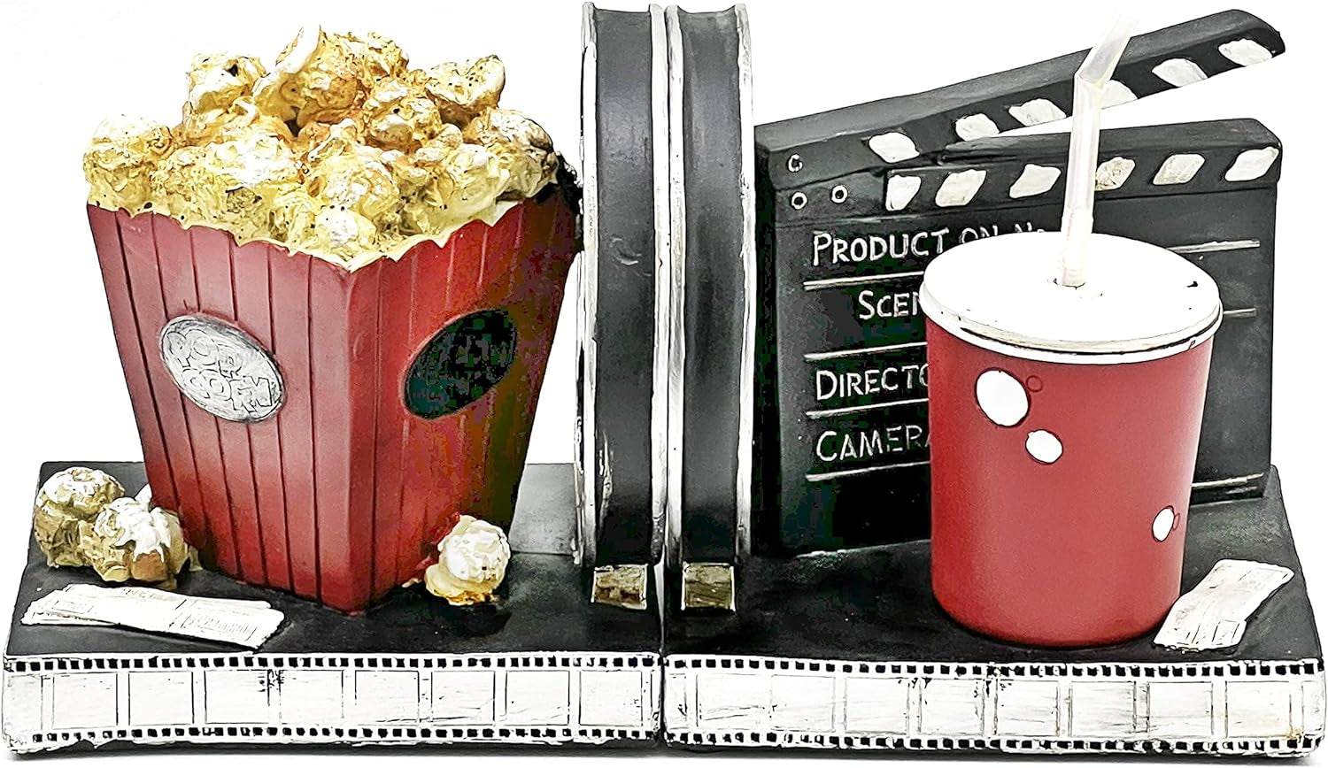 Hollywood Bookends Vintage Movie Reel Book Ends Directors Artist Gift Theater Ticket Popcorn Soft Drink Design Art Decor Statues Heavy Duty Shelves Supports Shelf Stoppers Holder Nonskid