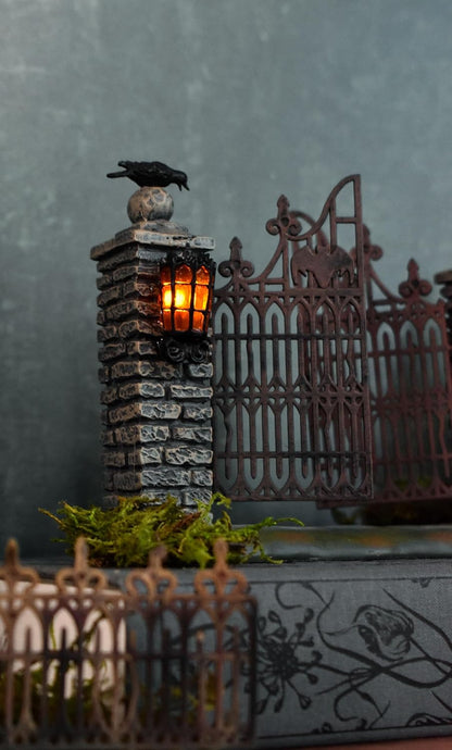 Halloween Accessories for Village Collections Miniature Spooky Wrought Iron Gate Lit Figurine, 4.53-Inch, Multicolor