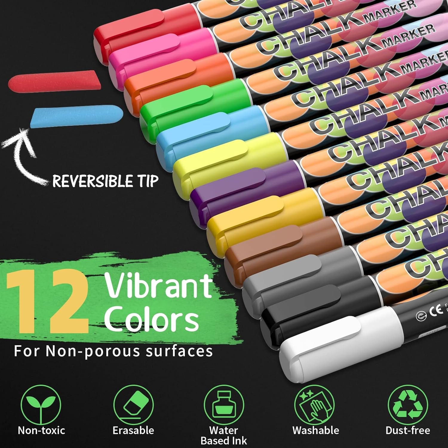 Liquid Erasable Chalk Markers Pens - 12 Colors Washable & Wet Erase Neon Makers for Blackboard, Chalkboard Signs, Glass Window, Graduation Celebration School Kids Art for Cars