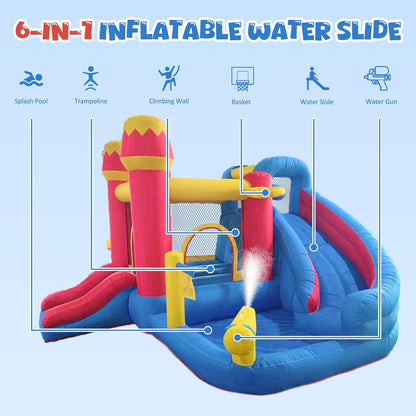 Inflatable Water Slide Bounce House for Kids, 6-In-1 Backyard Water Park with Splash Pool, Climbing Wall, Basketball Hoop, Water Cannon, Air Blower Summer Party Gift