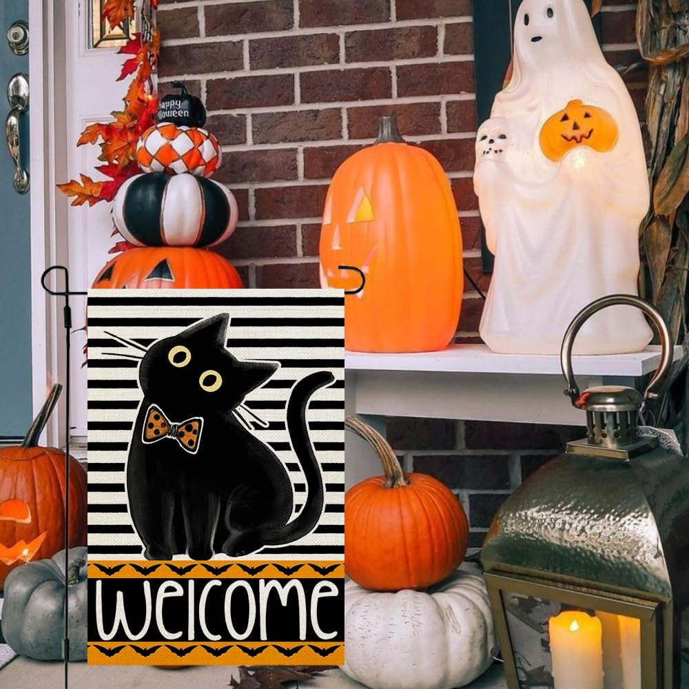 Halloween Black Cat Garden Flag 12X18 Inch Double Sided for outside Small Holiday Yard Decoration