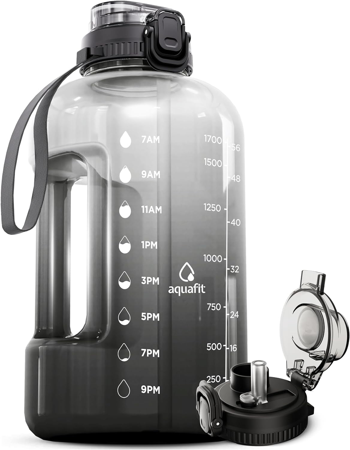 1 Gallon Water Bottle with Time Marker - Straw & Chug Lid - Big Water Bottle with Straw - BPA Free Gym Water Bottle with Handle - Gallon Water Jug (128 Oz - 2 Lids, Gray)