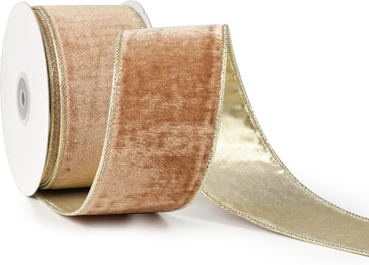 Camel Velvet Ribbon Wired 2.5" X 10 Yards Camel Wired Christmas Ribbon with Gold Backside, Camel and Gold Ribbon for Christmas Tree for Wreaths and Garlands, Bows, Crafts, Gift Wrapping