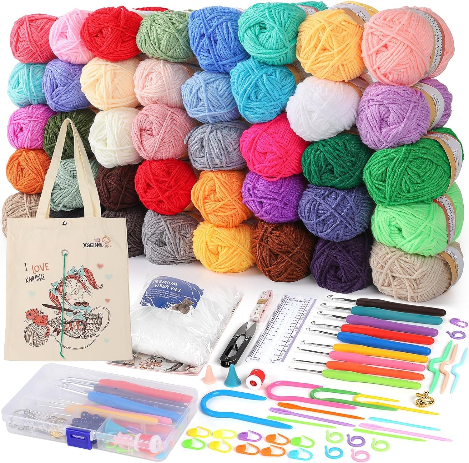 Crochet Kit with Step-By-Step Video Tutorials，Premium Bundle Includes 12 Roll X50Yard Acrylic Yarn Balls, 12 Crochet Hooks, Crochet Bag and All Accessories Kit, Crochet Kit for Beginners