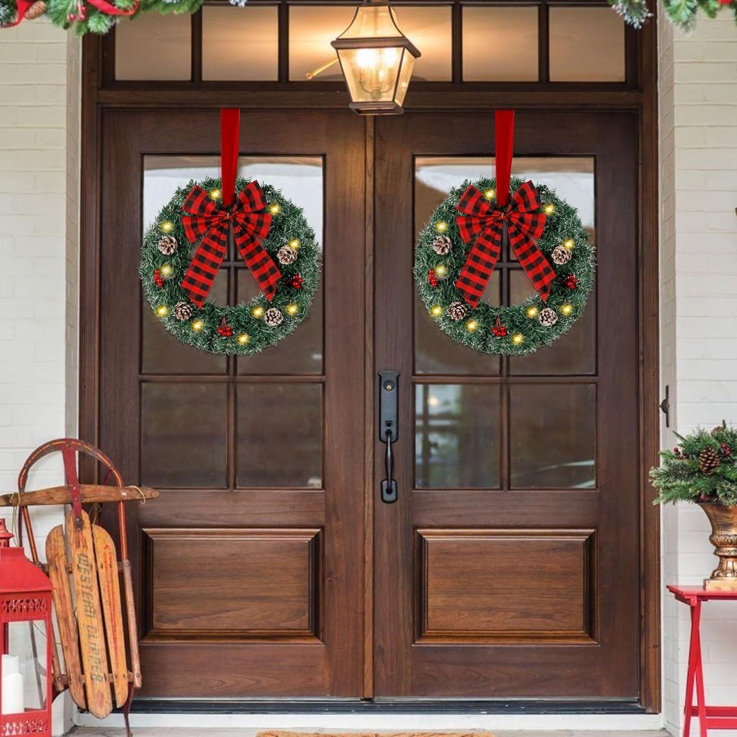 2 Pack Pre-Lit Christmas Wreath, 14 Inch Buffalo Check Bowknot Wreath with String Lights Pinecones Red Berries, Artificial Front Door Wreath for Xmas Hanging Decor, with Timer