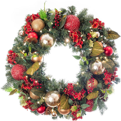 [30 Inch Artificial Christmas Wreath] - Scarlet Hydrangea Collection - Red and Gold Decoration - Pre Lit with 50 Warm Clear Colored LED Mini Lights - Includes Remote Controlled Battery Powered Timer