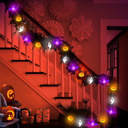 Halloween Lights, 16.4FT 30 LED Pumpkin Bat Ghost Battery Operated Orange and Purple String Lights Strobe 8 Lighting Modes Timer Fairy Indoor Outdoor Window Front Porch Decor Party Decorations