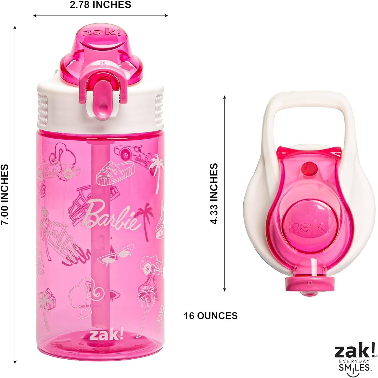 Sage Barbie Water Bottle for School or Travel, 16Oz Durable Plastic Water Bottle with Straw, Handle, and Leak-Proof, Pop-Up Spout Cover (Barbie)