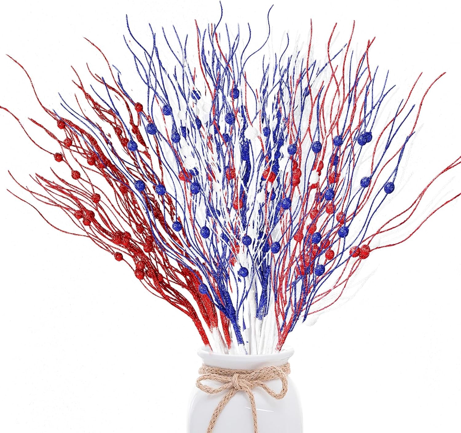 24 Pack Artificial Glitter Berry Stem Ornaments 17 Inches Fake Patriotic Picks Decorative Red White Blue Glitter Sticks for 4Th of July Independence Day Memorial Day DIY Crafts Home Decor