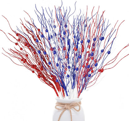 24 Pack Artificial Glitter Berry Stem Ornaments 17 Inches Fake Patriotic Picks Decorative Red White Blue Glitter Sticks for 4Th of July Independence Day Memorial Day DIY Crafts Home Decor