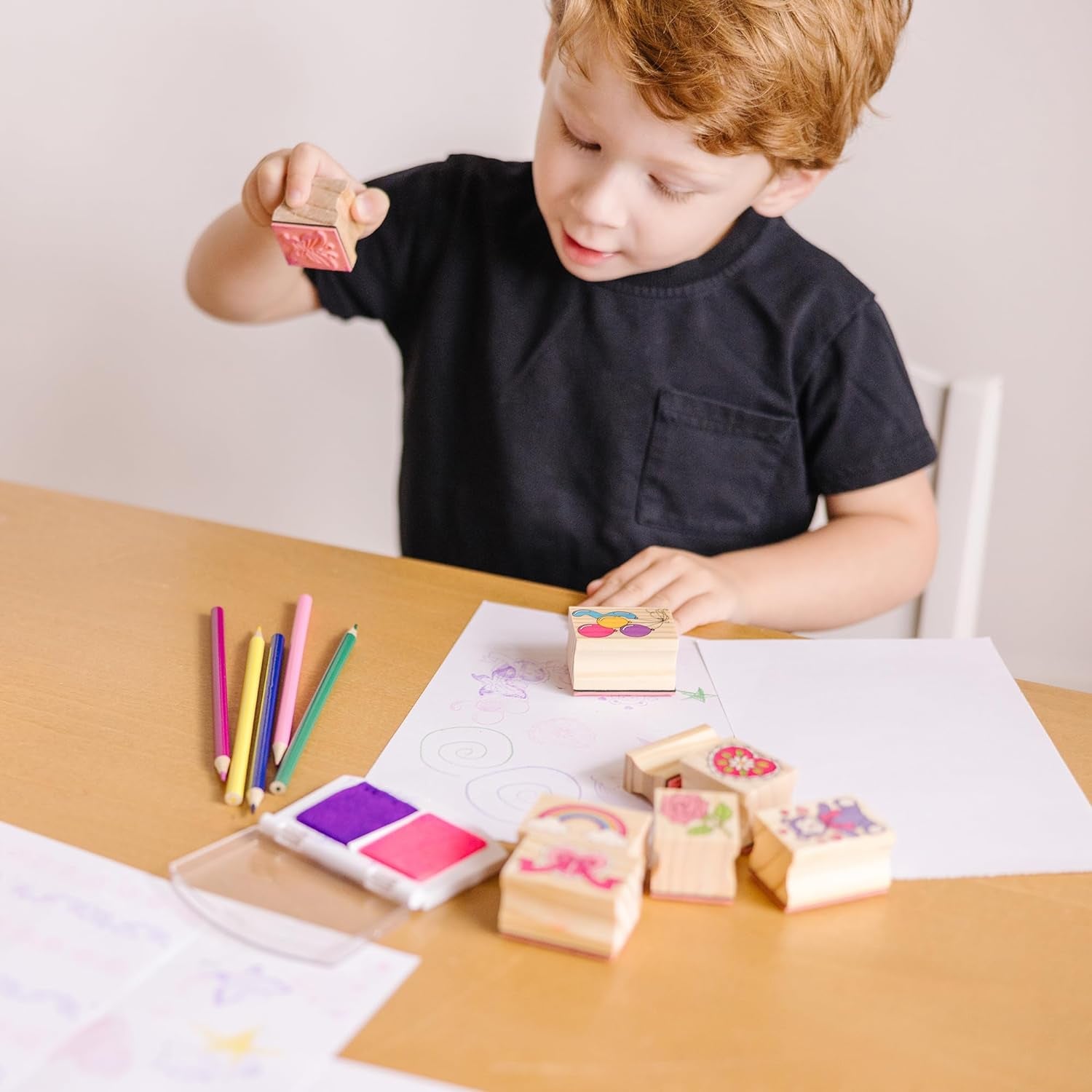 Wooden Stamp Set: Vehicles - 10 Stamps, 5 Colored Pencils, 2-Color Stamp Pad