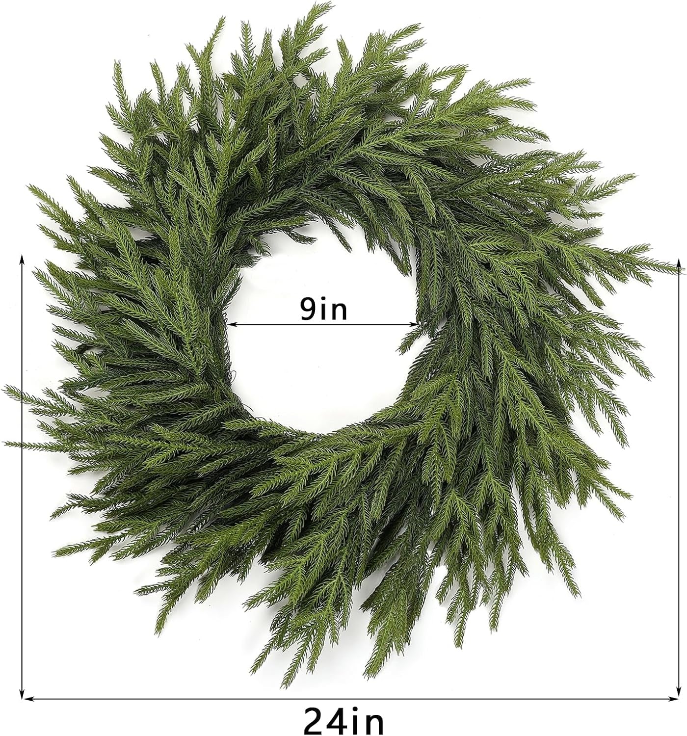 24" Real Touch Norfolk Pine Wreath for Front Door Artificial Christmas Wreath Green Faux Pine Wreath for Wall Windows Mantle Outdoor Christmas Decoration