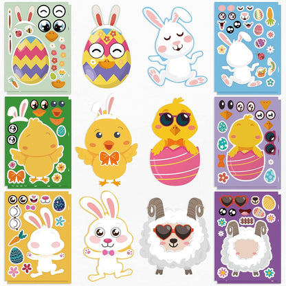 Easter Stickers-Happy Easter Egg Bunny Sticker, round Waterproof Holiday Sticker for Kids, Easter Decorations Wall Window Party Bag Supplies Gift(12 Sheets)