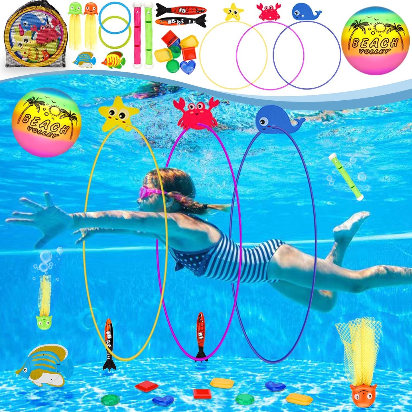 Diving Toys,27 Pcs Pool Toys with Diving Swim Thru Rings for Kids Age 3-12,Dive Sticks,Diving Rings,Diving Gem,Diving Octopus,Pool Torpedo,Mesh Bag Include