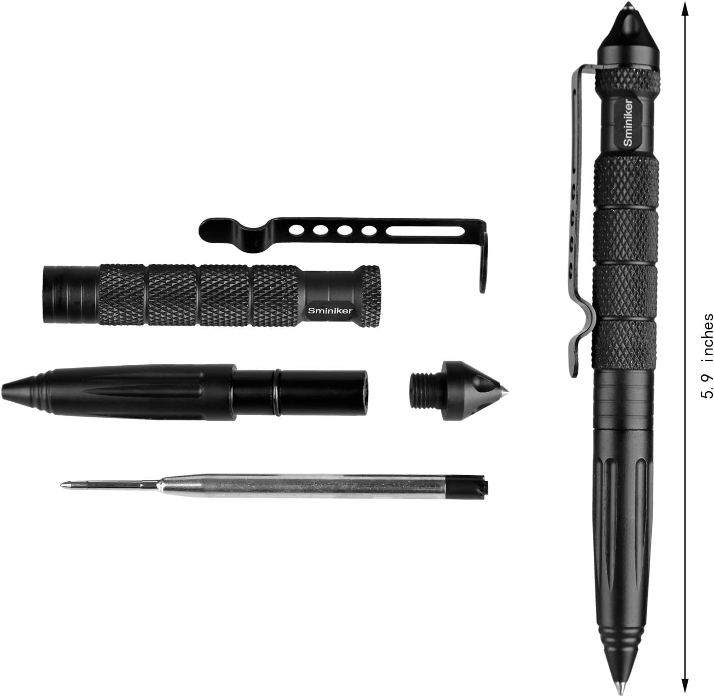 Tactical Pen with 6 Ink Refills Aircraft Aluminum Pen with Glass Breaker Writing Multifunctional Tool (Black)