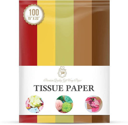 Thanksgiving Theme Tissue Paper for Gift Wrapping (5 Assorted Colors), Packaging, Floral, Birthday, Christmas, Halloween, DIY Crafts and More 15" X 20" 100 Sheets