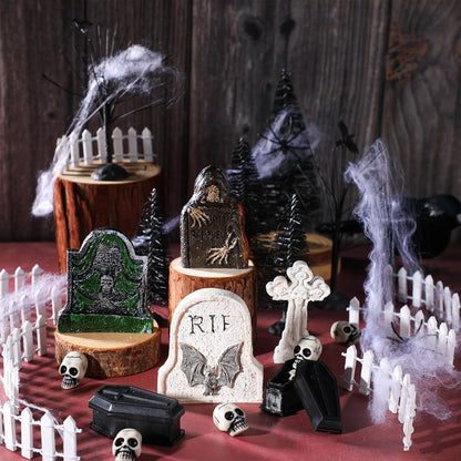 32 Pcs Halloween Village Accessories Ornaments Set Spooky Halloween Town Set Halloween Tombstones Skeleton Tiny Trees Fake Spiders Decor Halloween Village Set for Party Town Decorations