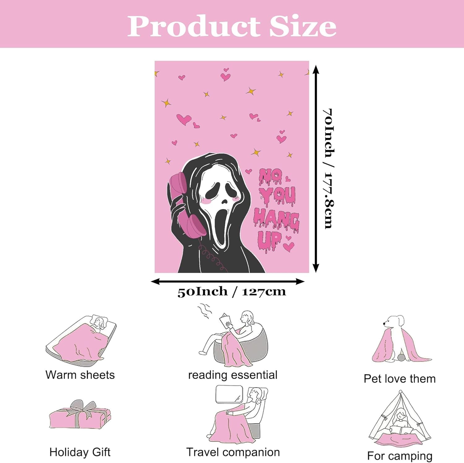 50 X 70 Extra Length Throw Blanket Funny Horror Ghostface Fleece Blanket - Cozy and Warm Throw Scream Blanket - Perfect for Halloween and Spooky Decor