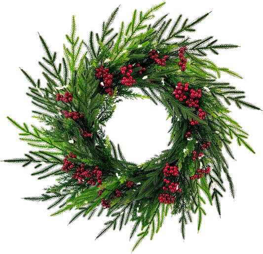 Christmas Wreaths for Front Door - 24Inch Holiday Wreath Outdoor Indoor with Artificial Red Berries and Norfolk Pine for Home, Office, Party, Wedding Decorations