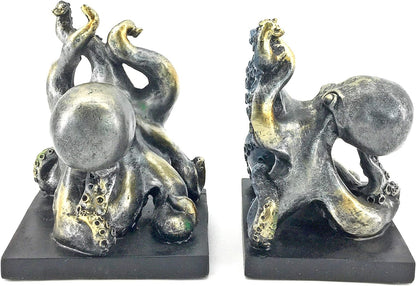 Decorative Bookends Octopus Pirate Sailors Nautical Home Decor Vintage Antique Cute Cool Book Ends Unique Accents Silver 6 Inch