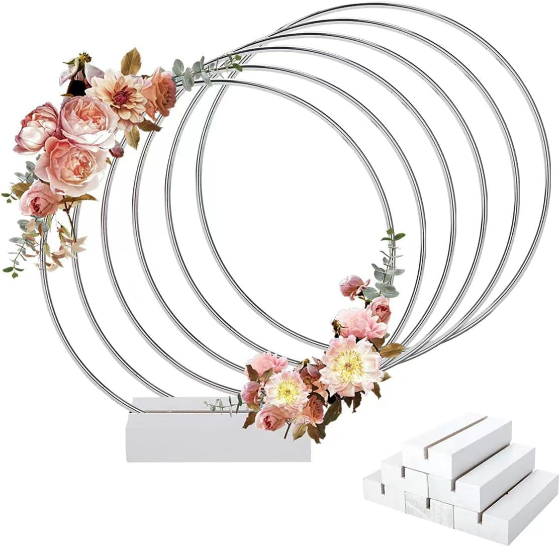 6 Pack 8 Inch Metal Floral Hoop Centerpiece with 6 Pack Wooden Stand for Table, Gold Metal Rings for Making Wedding Table Wreath Decor, Wall Hanging Wreaths and Dream Catcher Crafts