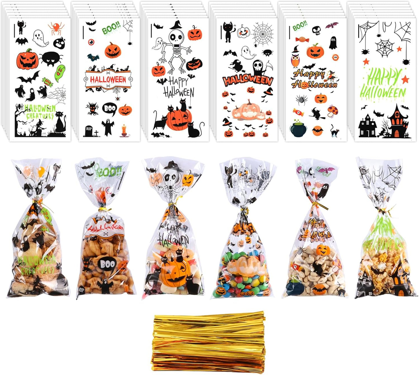 Halloween Cellophane Treat Bags, 180Pcs Halloween Trick or Treat Goodie Gags with 200Pcs Gold Twists for Snacks Cookies Candies Packing, Red Eye Halloween Candy Bags Party Favor Supplies