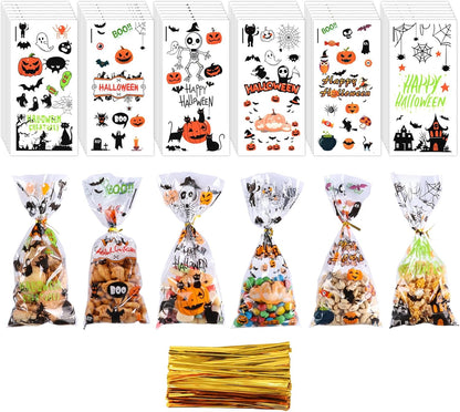 Halloween Cellophane Treat Bags, 180Pcs Halloween Trick or Treat Goodie Gags with 200Pcs Gold Twists for Snacks Cookies Candies Packing, Red Eye Halloween Candy Bags Party Favor Supplies