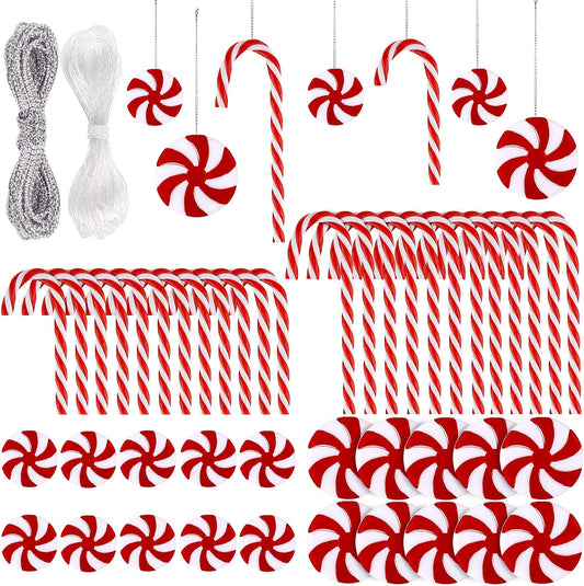 48PCS Christmas Candy Cane Hanging Ornaments Candy Lollipop Christmas Tree Decorations Plastic Twisted Crutch Ornaments for Xmas Crafts Indoor Outdoor Decor (Red and White)