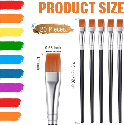 20 Pcs Flat Acrylic Paint Brush Wide Paint Brushes Watercolor Quality Synthetic Artist Paint Small Brush Bulk Painting Brush for Detail Art Painting Oil for Kids Students (Black, 1/2 Inch)