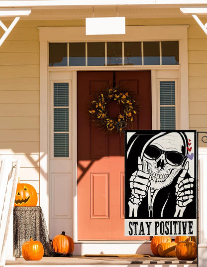 Halloween Garden Flags for outside Decoration, STAY POSITIVE Funny Skeleton Small Yard Flag for Outdoor Decor 12X18 Inch Vertical Double Sided