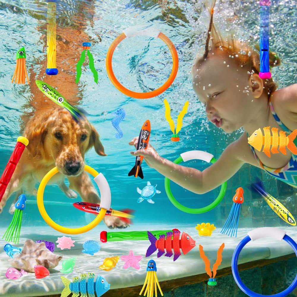 35PCS Pool Diving Swimming Toys, Summer Underwater Game Toys with Pool Fishes Dive Sticks Rings Gems Storage Bag for Kids Swim Birthday Party Favors