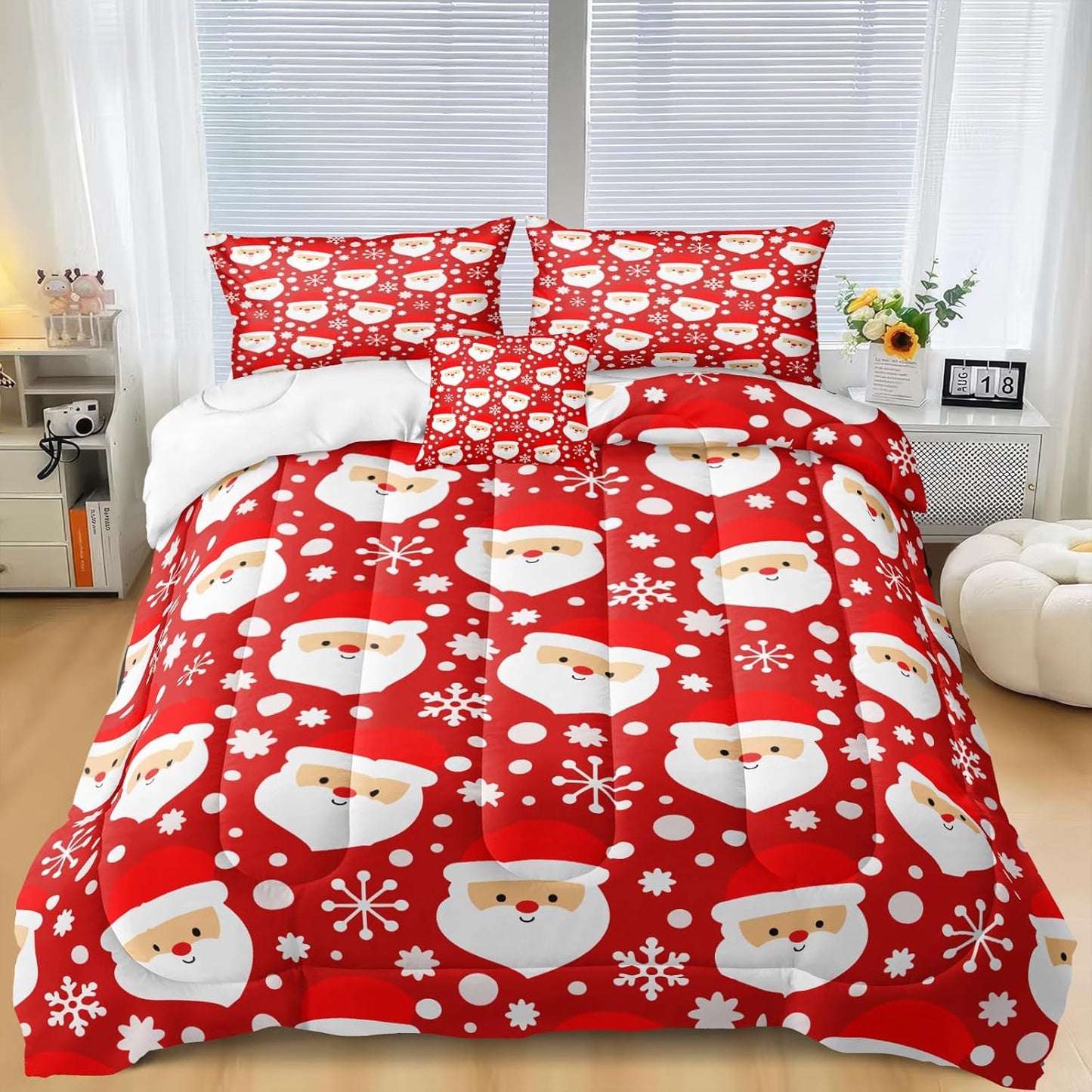 Christmas Bedding Set Queen Red Santa Claus Comforter Set White Snowflake and Santa Claus Printed on Red New Year Holiday Christmas Comforter Set