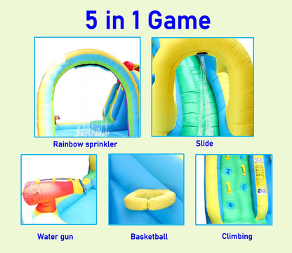 Inflatable Water Slide Park with Air Blower, Kids Inflatable Bouncer House Slide, Climbing Wall, Splash Pool and Rainbow Sprinkler