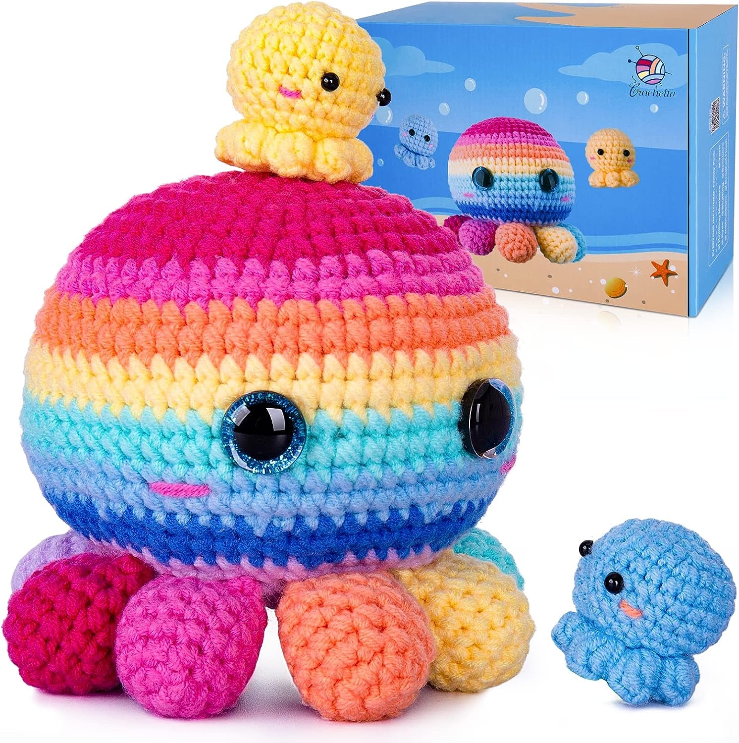 Crochet Kit for Beginners, Crochet Kit Step-By-Step Video Tutorials, Crochet Starter Kit Learn to Crochet Kits for Adults Kids Beginners, Jumbo 3 Colorful Octopus Familly (40%+ Yarn Content)