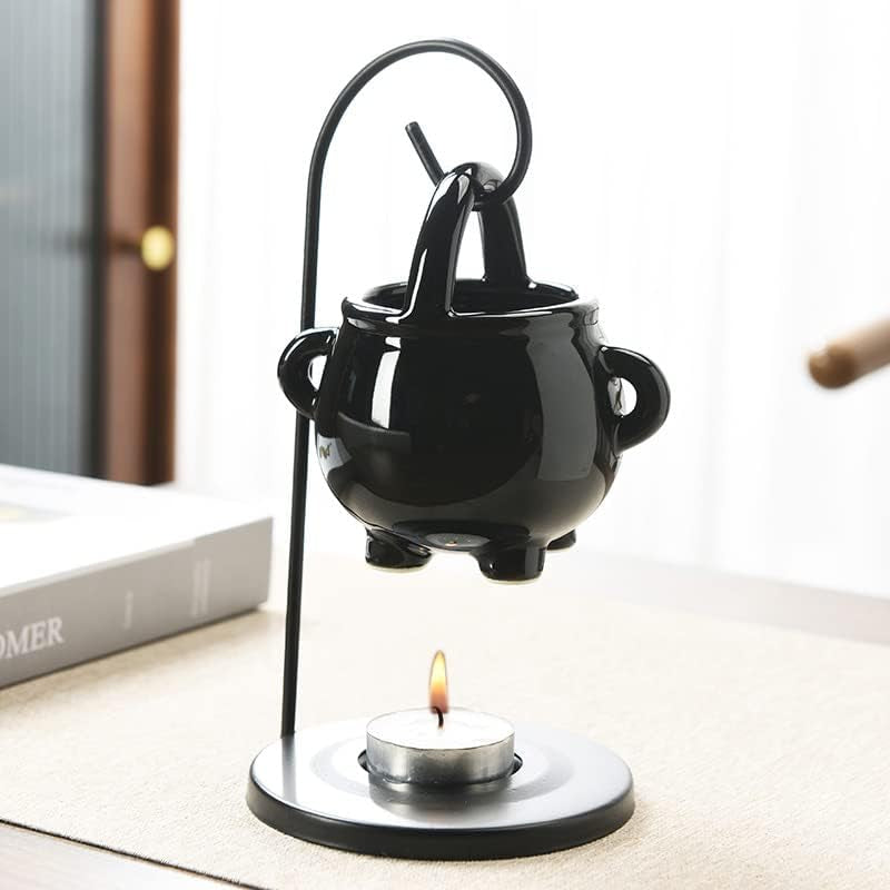 Hanging Pagan Cauldron Oil Burner, Black Wax Warmer Aroma Diffuser, with Handle, for Essential Fragrance Wax Melts, Enchanting Witches' Home Decor Element.