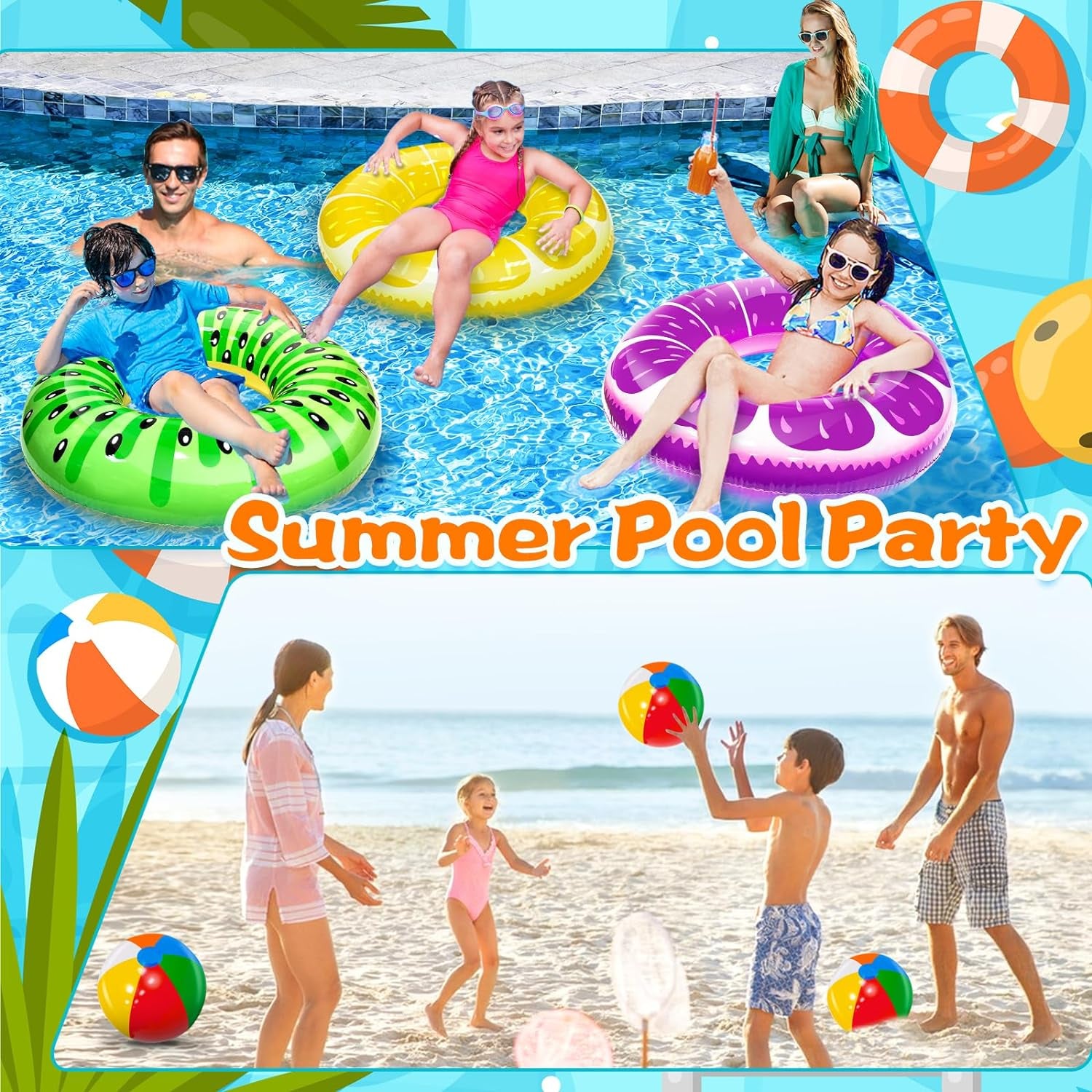 6 Pack Pool Floats Kids, 3 Pcs Inflatable Pool Fruits Swim Tubes Rings & 3 Pcs Rainbow Beach Ball Bulk, Summer Pool Floaties for Kids Adults Swimming Pool Party Float Toy Hawaiian Beach Water Fun Game