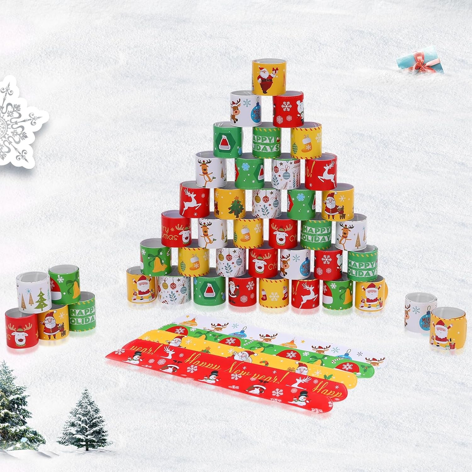 96PCS Christmas Slap Bracelets, Xmas Party Favor Decoration 24 Styles Santa Claus Reindeer Snowflake Snowman