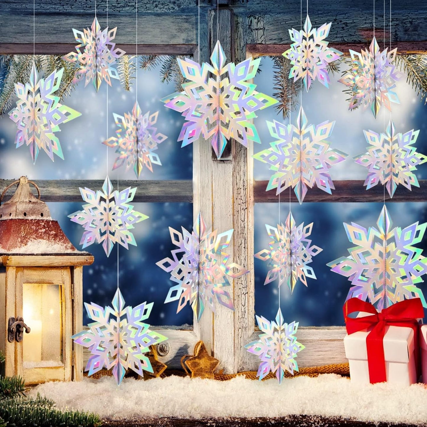 Christmas Hanging Snowflakes Decorations Clearance 15Pcs 3D Iridescent Paper Snowflakes Snow Flakes Garland for Winter Wonderland Frozen Christmas Birthday Party Decorations