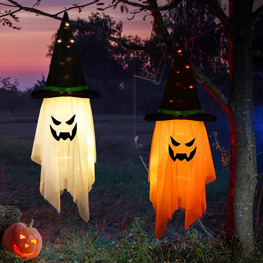 Halloween Decorations Hanging Lights Decor Glowing Witch Hat Led Lighted up Scary White Orange Decoration for Party Tree Garden Porch Ornament