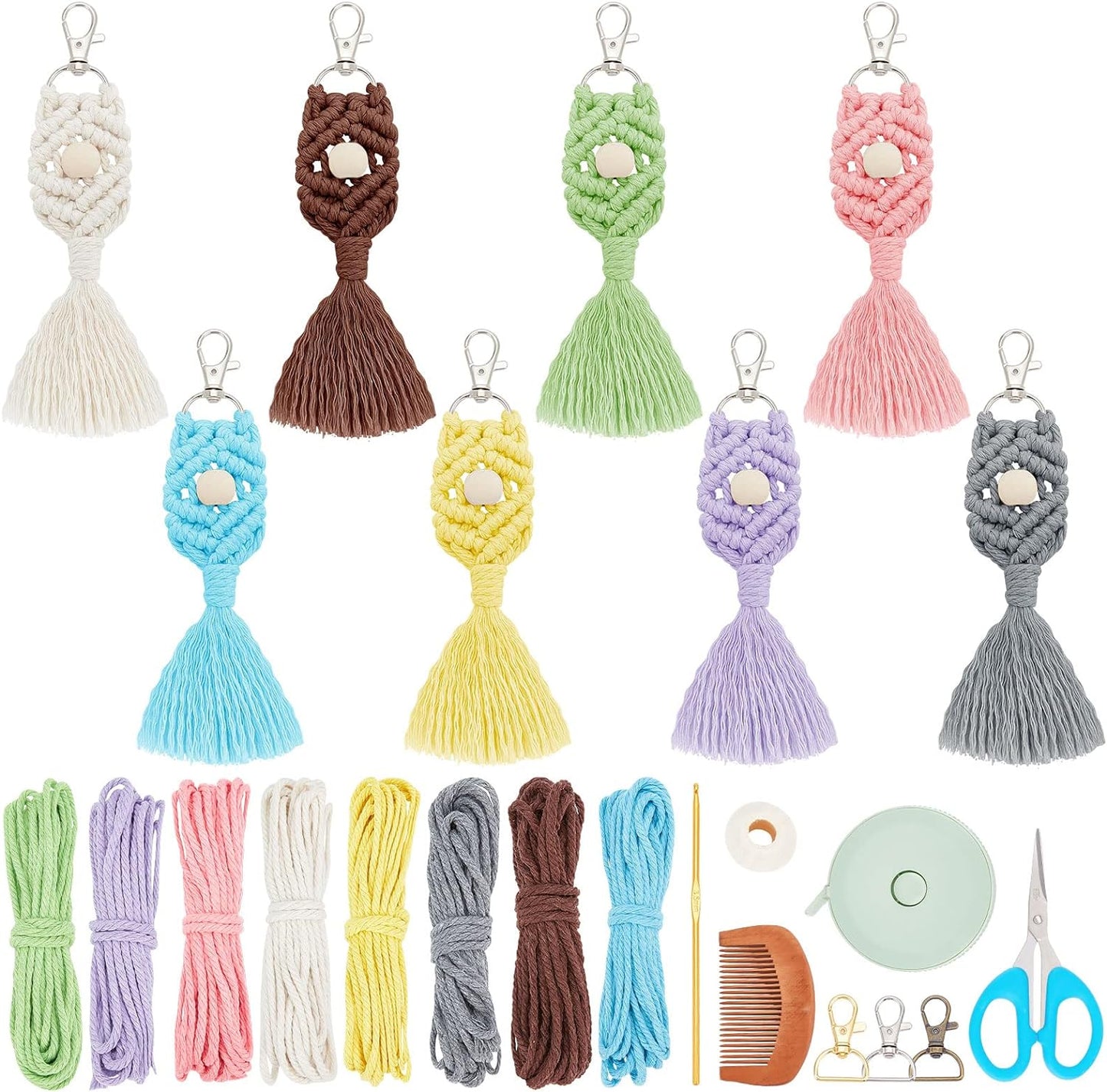 8 Set DIY Macrame Wristlet Keychain Kits for Adults Colorful Macrame Cord Knotting Kit Boho Mini Macrame Tassel Keychain with Instruction + Video for Car Key Purse Phone Wallet Charm