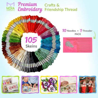 Premium Rainbow Color Embroidery Floss - Cross Stitch Threads - Friendship Bracelets Floss - Crafts Floss - 116 Pcs - 105 Skeins per Pack and Set of 10 Embroidery Needles and 1 Threader