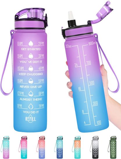 32 Oz Water Bottle, Leakproof BPA & Toxic Free, Motivational Water Bottle with Times to Drink and Straw, Fitness Sports Water Bottle with Strap for Office, Gym, Outdoor Sports, Gray-Black