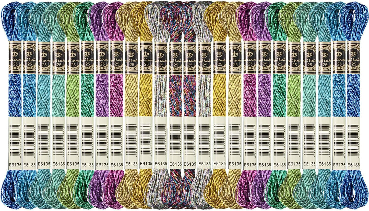 24 Pieces Metallic Embroidery Floss Multicolor Embroidery Skein Threads Glitter Embroidery Thread Cross Stitch Polyester Thread for Friendship Bracelets DIY Embroidery Thread Crafts